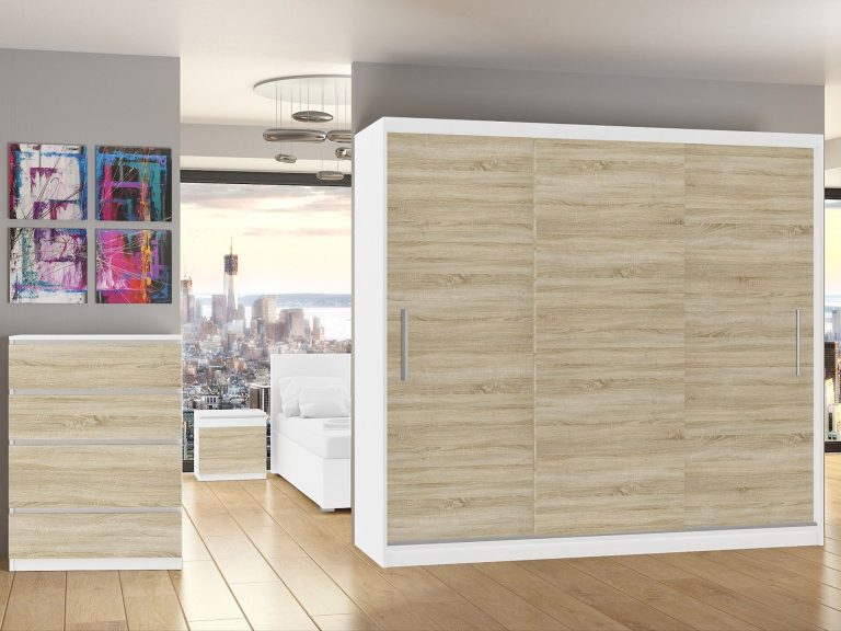 Šatníková skriňa 232 cm Belini biely mat / dub sonoma s posuvnými dverami Výrobca SI SZP4/2/1W/3DS/0/AL