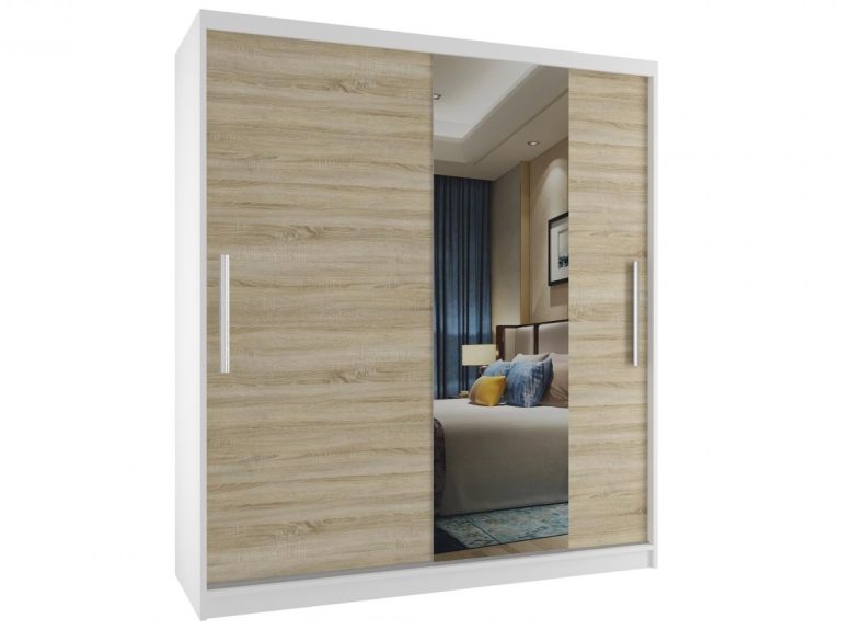 Šatníková skriňa 133 cm Belini biely mat / dub sonoma s posuvnými dverami a zrkadlom Výrobca MSE SZP2/2/W/1DS1L/AL