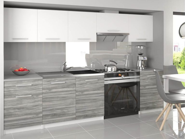 Kuchynská linka Belini 240 cm biely mat / šedý antracit Glamour Wood s pracovnou doskou Uniqa3 Výrobca TOR UNIQA3/3/WT/WTGW1/0/E