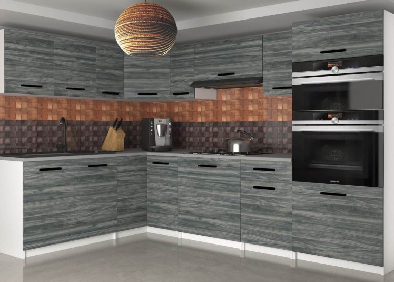 Kuchynská linka Belini 420 cm šedý antracit Glamour Wood s pracovnou doskou Uniqagrande Výrobca TOR UNIQAGRANDE/5/WT/GW1/0/B1