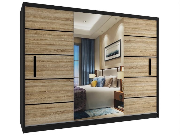 Šatníková skriňa 232 cm Belini čierny mat / dub sonoma s posuvnými dverami a zrkadlom Výrobca MZ SZP4/2/1B/2DS1L/0/BL
