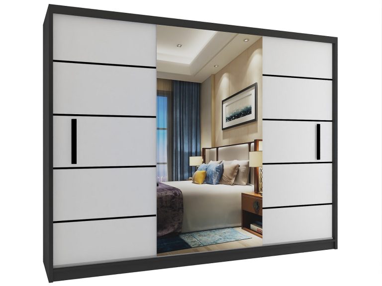 Šatníková skriňa 232 cm Belini čierny mat / biely mat s posuvnými dverami a zrkadlom Výrobca MZ SZP4/2/1B/2W1L/0/BL