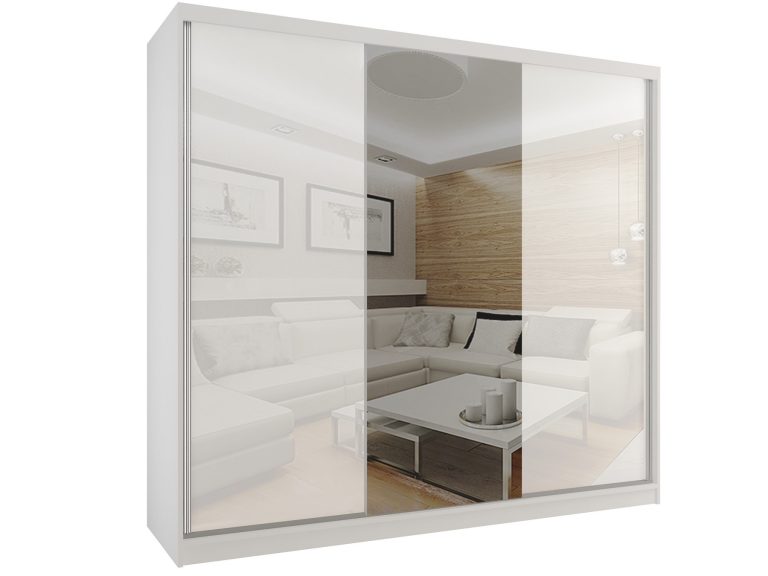 Šatníková skriňa 232 cm Belini biely mat / biely lesk s posuvnými dverami a zrkadlom Výrobca BM SZP4/2/W/WI/2W1L/HI