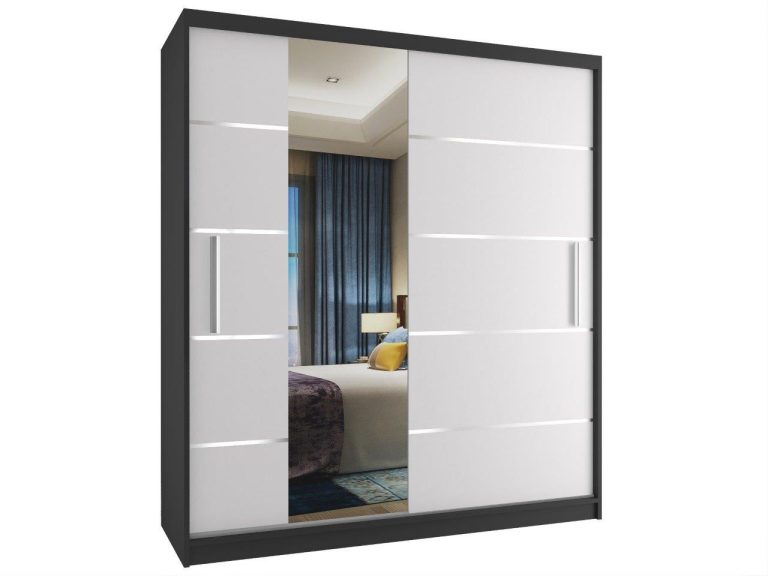 Šatníková skriňa 133 cm Belini čierny mat / biely mats posuvnými dverami a zrkadlom MBP SZP2/2/B/W/0/AL