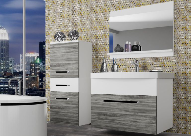 Kúpeľňový nábytok Belini šedý antracit Glamour Wood /biely mat + umývadlo + zrkadlo Výrobca ROD M 2/0/W/GWW/0/ZW