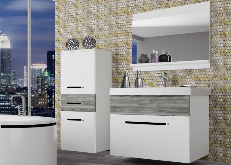 Kúpeľňový nábytok Belini biely mat / šedý antracit Glamour Wood + umývadlo + zrkadlo Výrobca ROD M 2/0/W/WGW/0/ZW