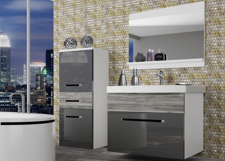 Kúpeľňový nábytok Belini šedý lesk / šedý antracit Glamour Wood + umývadlo + zrkadlo Výrobca ROD PM 2/0/W/SGW/0/ZW
