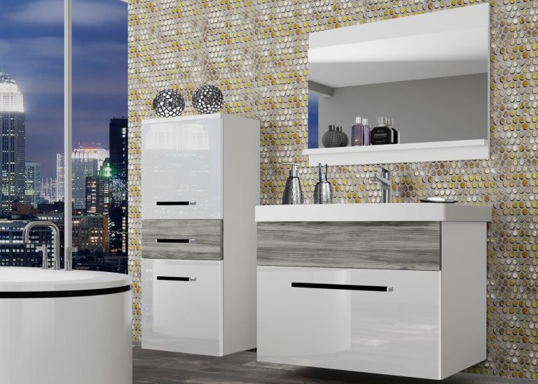 Kúpeľňový nábytok Belini biely lesk / šedý antracit Glamour Wood + umývadlo + zrkadlo Výrobca ROD PM 2/0/W/WGW/0/ZW