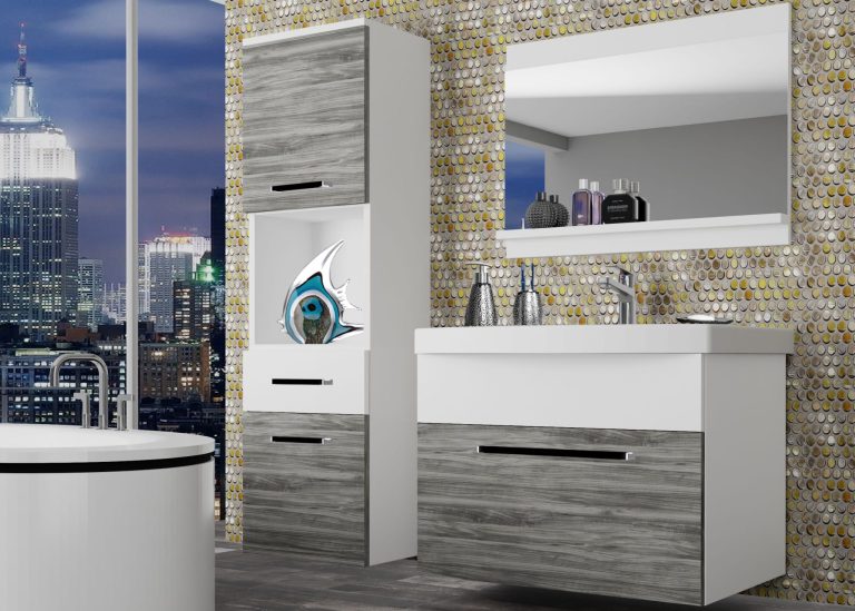Kúpeľňový nábytok Belini šedý antracit Glamour Wood / biely mat + umývadlo + zrkadlo Výrobca ROD M 3/0/W/GWW/0/ZW