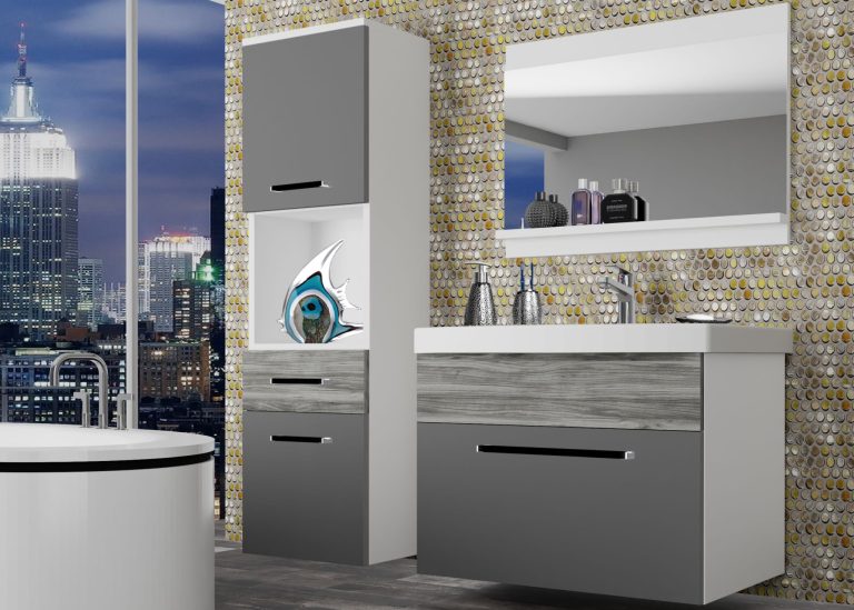 Kúpeľňový nábytok Belini šedý mat  / šedý antracit Glamour Wood + umývadlo + zrkadlo Výrobca ROD M 3/0/W/SRGW/0/ZW