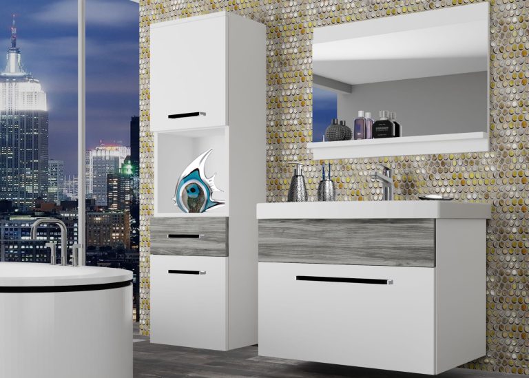 Kúpeľňový nábytok Belini  biely mat / šedý antracit Glamour Wood + umývadlo + zrkadlo Výrobca ROD M 3/0/W/WGW/0/ZW