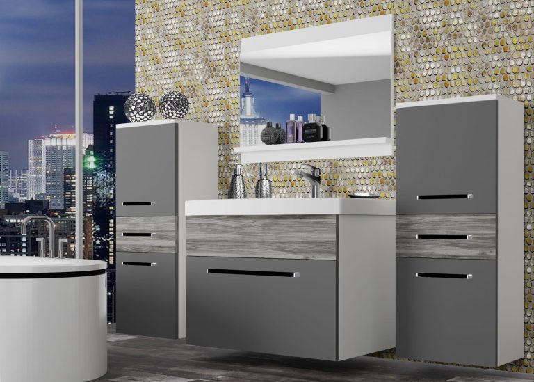 Kúpeľňový nábytok Belini šedý mat / šedý antracit Glamour Wood + umývadlo + zrkadlo Výrobca ROD M 4/0/W/SRGW/0/ZW