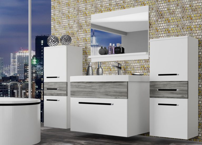 Kúpeľňový nábytok Belini biely mat / šedý antracit Glamour Wood + umývadlo + zrkadlo Výrobca ROD M 4/0/W/WGW/0/ZW