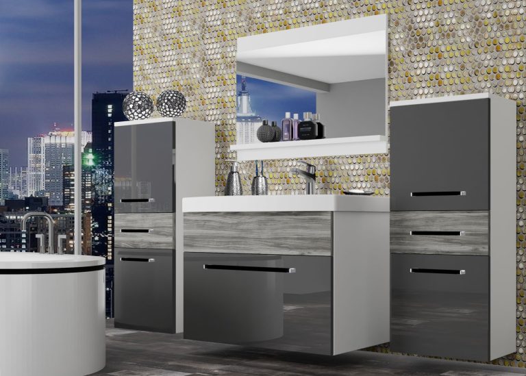 Kúpeľňový nábytok Belini šedý lesk / šedý antracit Glamour Wood + umývadlo + zrkadlo Výrobca ROD PM 4/0/W/SGW/0/ZW