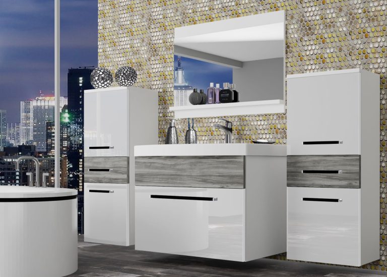 Kúpeľňový nábytok Belini biely lesk / šedý antracit Glamour Wood + umývadlo + zrkadlo Výrobca ROD PM 4/0/W/WGW/0/ZW