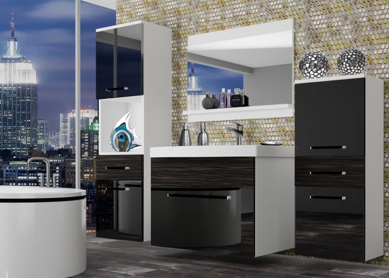 Kúpeľňový nábytok Belini čierny lesk / eben kráľovský + umývadlo + zrkadlo Výrobca ROD PM 5/0/W/BHK/0/ZW