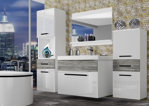 Kúpeľňový nábytok Belini biely lesk/ šedý antracit Glamour Wood  + umývadlo + zrkadlo Výrobca ROD PM 5/0/W/WGW/0/ZW