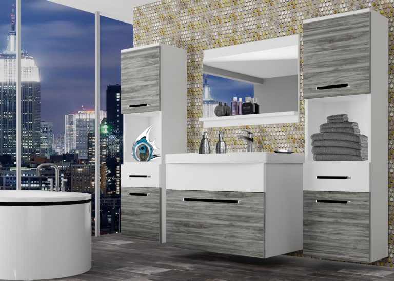 Kúpeľňový nábytok Belini šedý antracit Glamour Wood / biely matný + umývadlo + zrkadlo Výrobca  ROD M 6/0/W/GWW/0/ZW