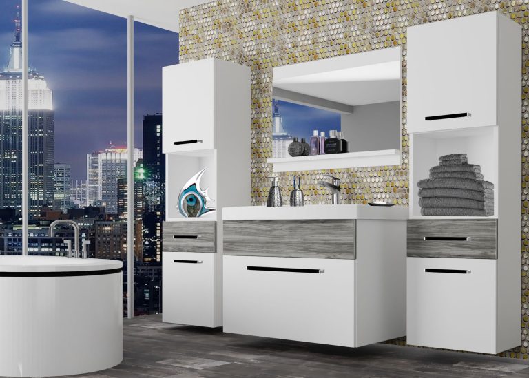 Kúpeľňový nábytok Belini  biely mat / šedý antracit Glamour Wood + umývadlo + zrkadlo Výrobca ROD M 6/0/W/WGW1/0/ZW