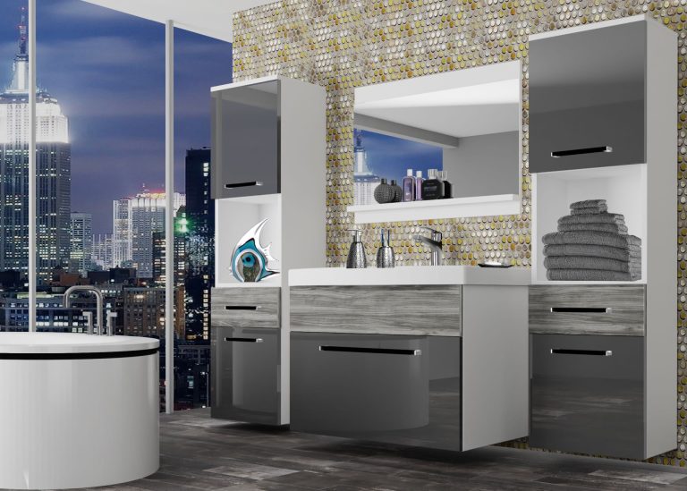 Kúpeľňový nábytok Belini šedý lesk / šedý antracit Glamour Wood + umývadlo + zrkadlo Výrobca ROD PM 6/0/W/SGW1/0/ZW