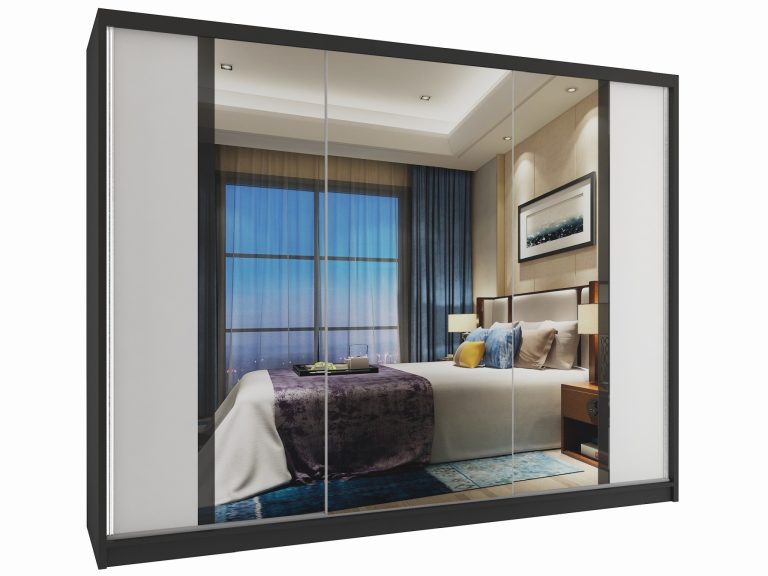 Šatníková skriňa 232 cm Belini čierny mat / biely mat s posuvnými dverami a zrkadlom Výrobca MV SZP4/1/1B/2W1L/B/HI
