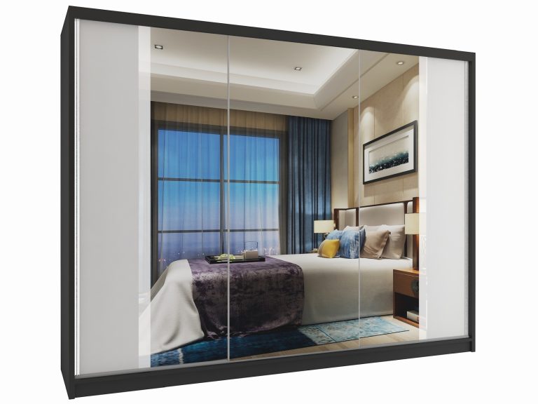 Šatníková skriňa 232 cm Belini čierny mat / biely mat s posuvnými dverami a zrkadlom Výrobca MV SZP4/2/1B/2W1L/W/HI