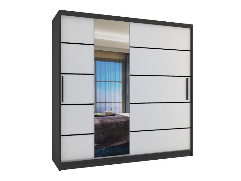 Šatníková skriňa 200 cm Belini čierny mat / biely mat  s posuvnými dverami zrkadlom a zásuvkami Výrobca MBP SZP5/1/B/W/0/KLP
