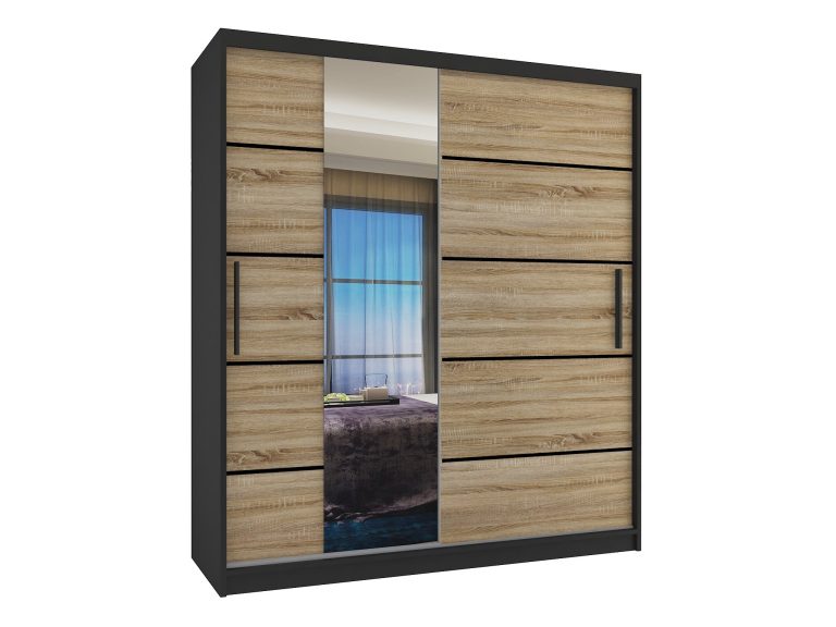 Šatníková skriňa 133 cm Belini čierny mat / dub sonoma s posuvnými dverami zrkadlom a zásuvkami Výrobca MBP SZP6/1/B/DS/0/KLP