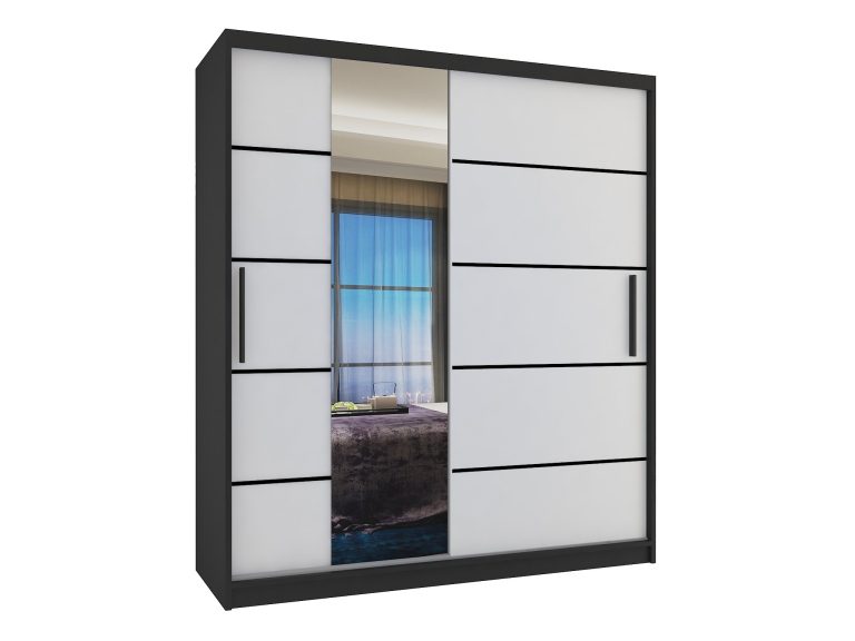 Šatníková skriňa 133 cm Belini  čierny mat / biely mat s posuvnými dverami zrkadlom a zásuvkami Výrobca MBP SZP6/1/B/W/0/KLP
