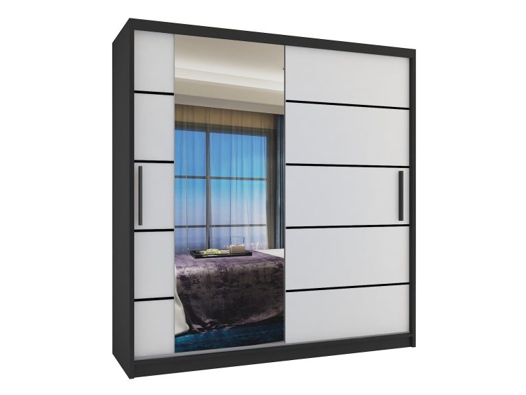 Šatníková skriňa 158 cm Belini čierny mat / biely mat s posuvnými dverami zrkadlom a zásuvkami Výrobca MBP SZP7/0/B/W/0/KLP