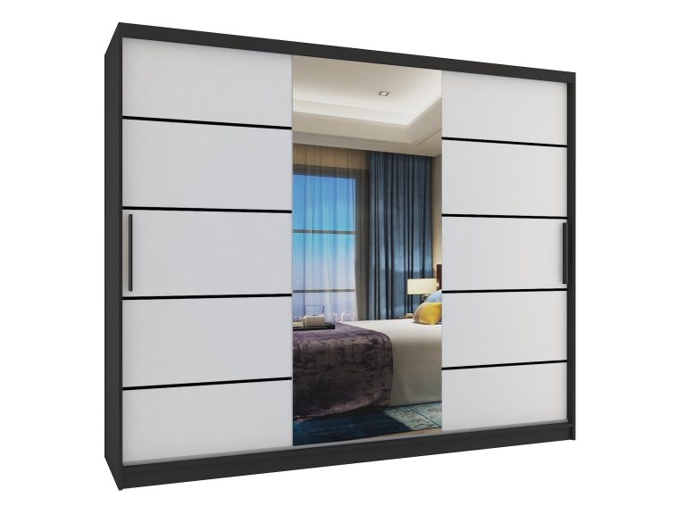 Šatníková skriňa 232 cm Belini čierny mat / biely mat s posuvnými dverami zrkadlom a zásuvkami Výrobca MBP SZP8/0/1B/2W1L/0/KLP