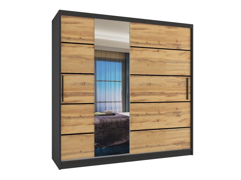 Šatníková skriňa 200 cm Belini čierny mat / dub wotan s posuvnými dverami zrkadlom a zásuvkami Výrobca MBP SZP5/1/B/DW/0/KLP
