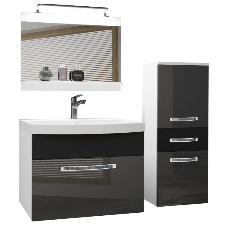 Kúpeľňový nábytok Belini Premium Full Version šedý lesk / čierny  mat  + umývadlo + zrkadlo + LED osvetlenie Glamour 32 Výrobca GLA PM 2/0/W/SB/0/MB/PP