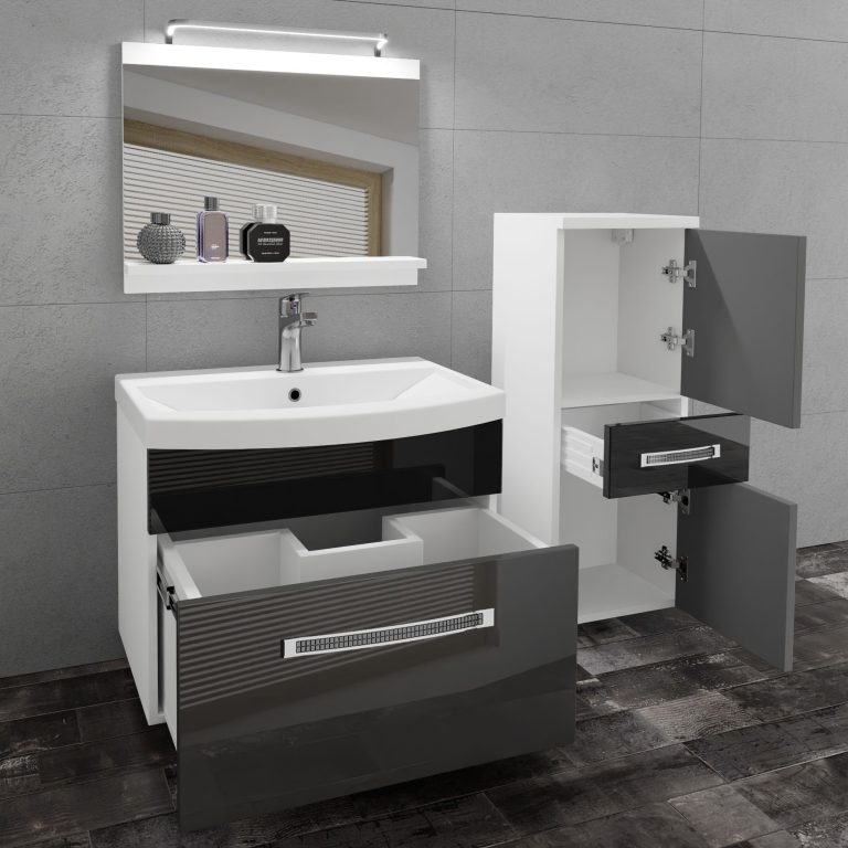 Kúpeľňový nábytok Belini Premium Full Version šedý lesk / čierny lesk + umývadlo + zrkadlo + LED osvetlenie Glamour 31 Výrobca GLA P 2/0/W/SB/0/MB/PP