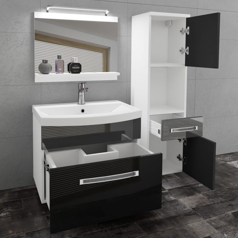 Kúpeľňový nábytok Belini Premium Full Version čierny lesk/ šedý lesk + umývadlo + zrkadlo + LED osvetlenie Glamour 49 Výrobca 49 GLA P 3/0/W/BS/0/MB/PP