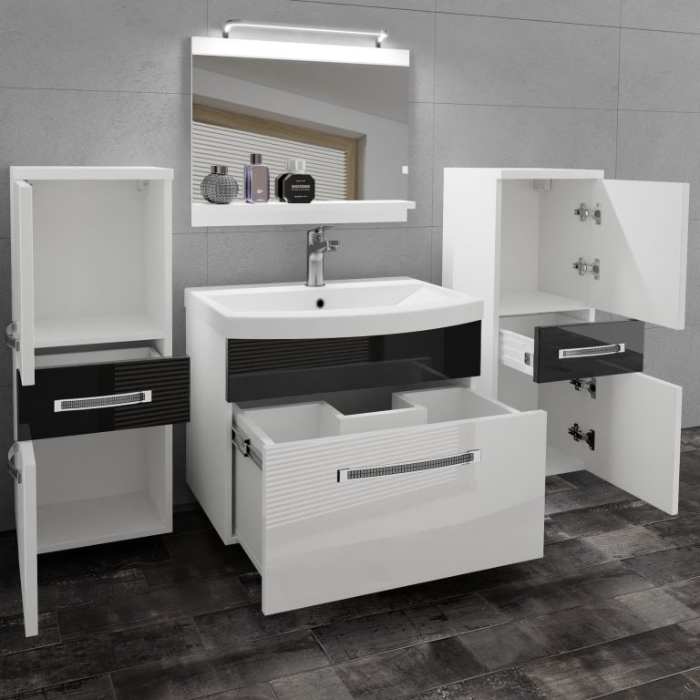 Kúpeľňový nábytok Belini Premium Full Version biely lesk / čierny lesk  + umývadlo + zrkadlo + LED osvetlenie Glamour 65 Výrobca