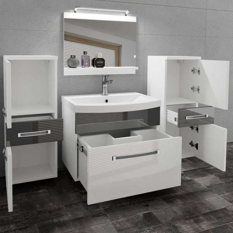 Kúpeľňový nábytok Belini Premium Full Version biely lesk / šedý lesk + umývadlo + zrkadlo + LED osvetlenie Glamour 56 Výrobca