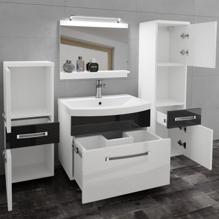 Kúpeľňový nábytok Belini Premium Full Version biely lesk / čierny lesk + umývadlo + zrkadlo + LED osvetlenie Glamour 84 Výrobca