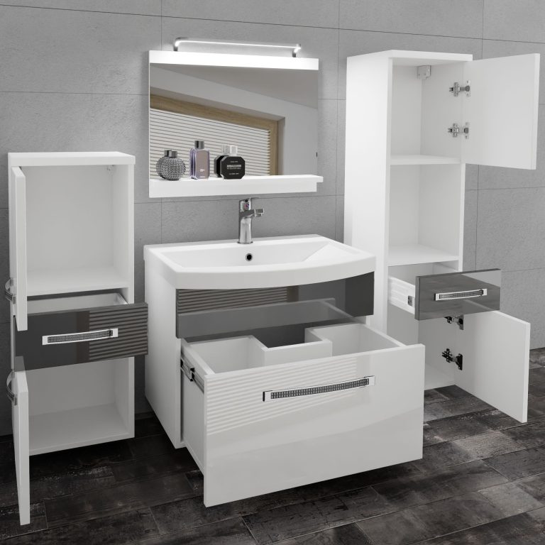 Kúpeľňový nábytok Belini Premium Full Version biely lesk / šedý lesk + umývadlo + zrkadlo + LED osvetlenie Glamour 85 Výrobca