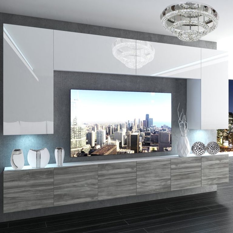 Obývacia stena Belini Premium Full Version  biely lesk / šedý antracit Glamour Wood + LED osvetlenie Nexum 20 Výrobca