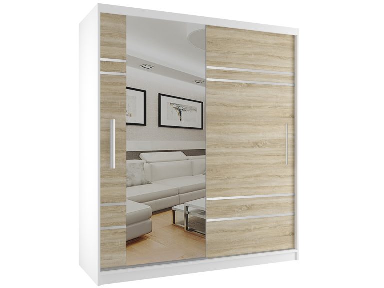 Šatníková skriňa 158cm Belini biely mat / dub sonoma s posuvnými dverami a zrkadlom Výrobca MP SZP3/2/W/DS/0/AL