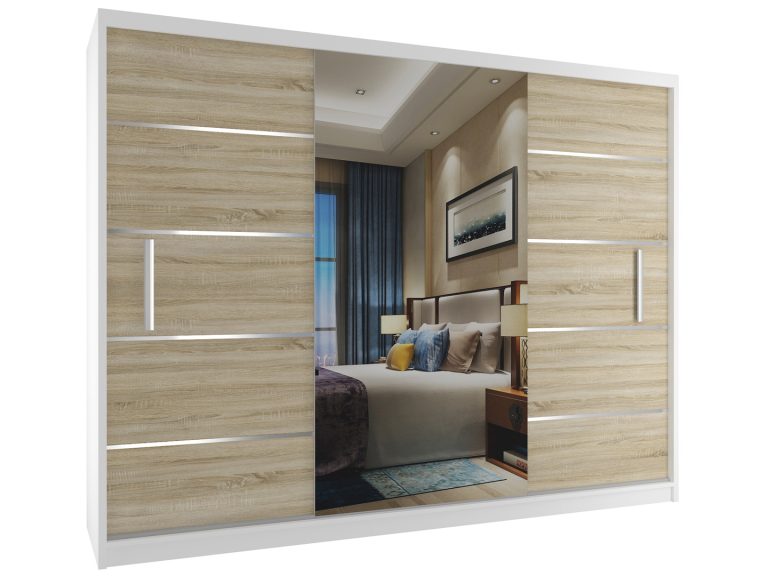 Šatníková skriňa 232 cm Belini biely mat / dub sonoma s posuvnými dverami a zrkadlom Výrobca MBP SZP4/2/1W/2DS1L/0/AL