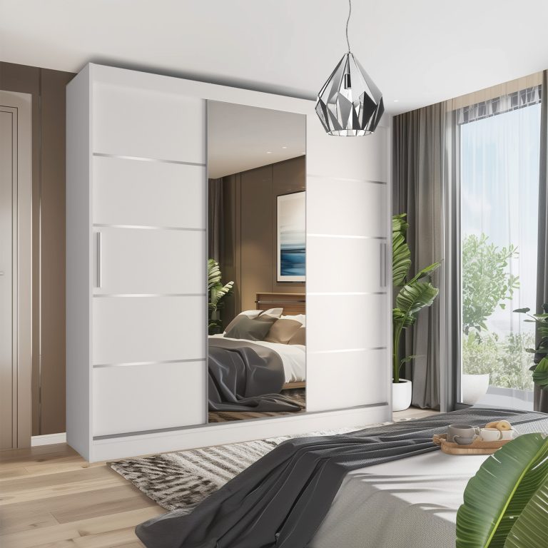 Šatníková skriňa 232 cm Belini biely mat s posuvnými dverami zrkadlom a zásuvkami Výrobca MBP SZP8/0/1W/2W1L/0/KLAL