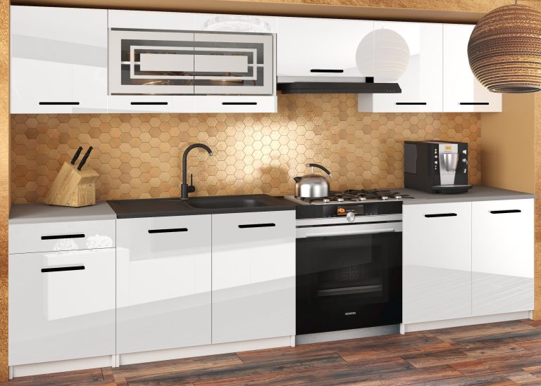 Kuchynská linka JUSTYNA 260 cm biely lesk s pracovnou doskou