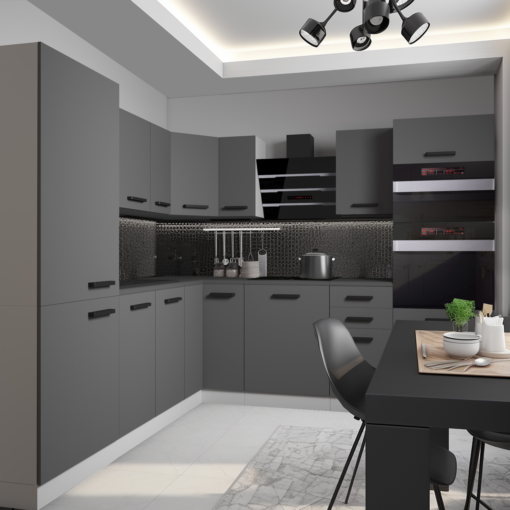Štýlová kuchyňa v tmavosivej farbe s čiernymi detailmi