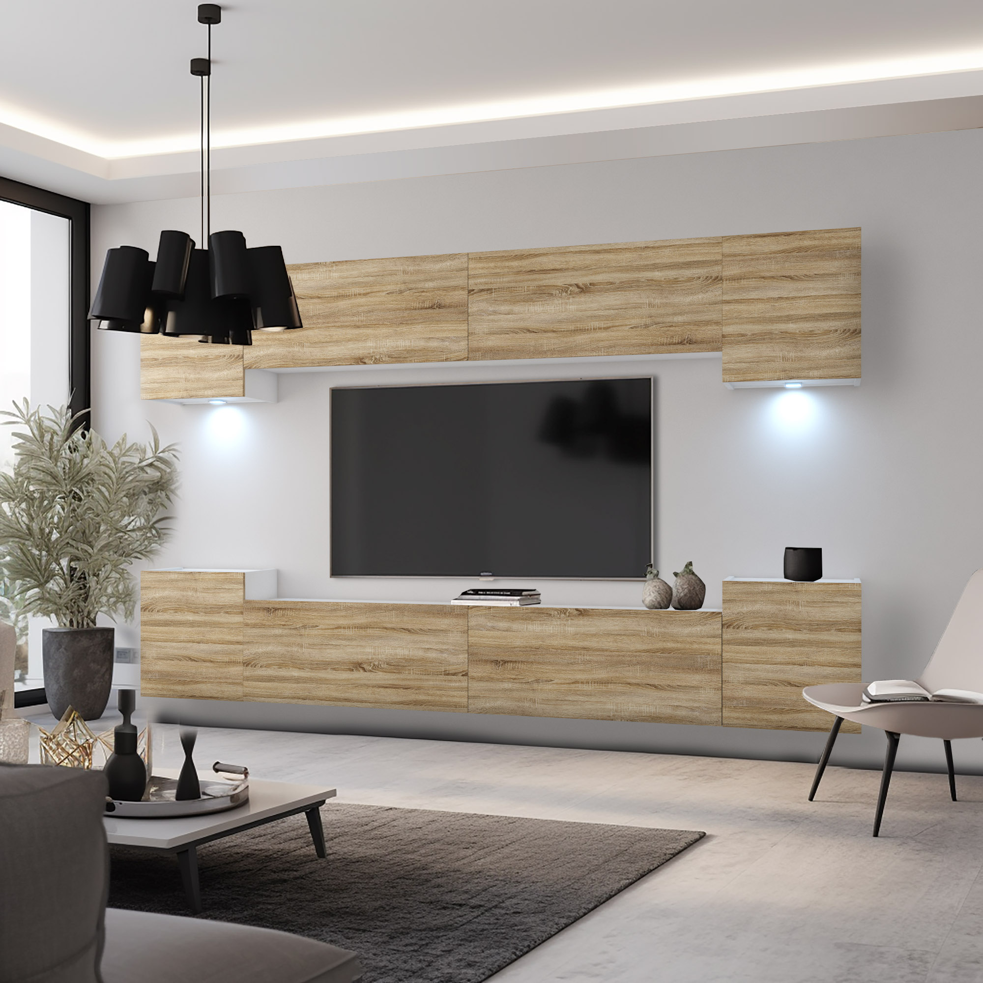 Obývacia stena v dekore duba s TV a LED osvetlením