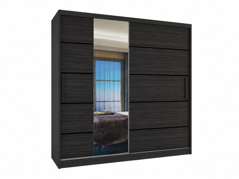 Posuvná skriňa 200 cm PREMIUM SO ZÁSUVKAMI so zrkadlom kráľovský eben mat MBP SZP5/1/B/HK/0/KLP