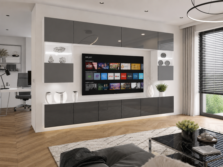 Obývacia stena 300 cm TV/RTV sivý lesk Výrobca IMP 1/5/W/S/0/0