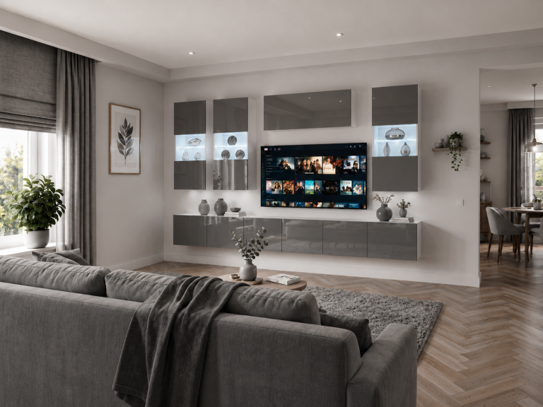 Obývacia stena 300 cm TV/RTV sivý lesk Výrobca IMP 5/5/W/S/0/0