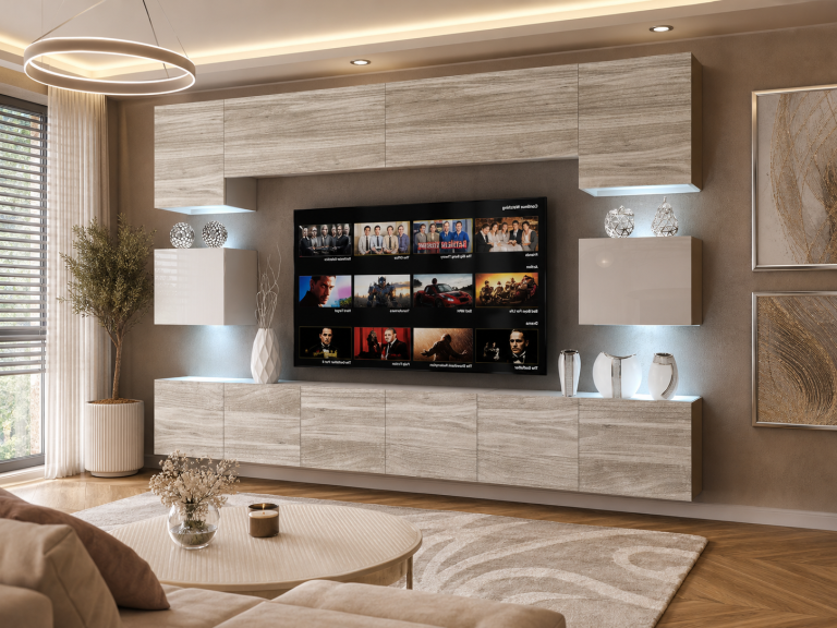 Obývacia stena 300 cm Belini šedý antracit Glamour Wood / biely lesk Imperium3 Výrobca IMP 3/5/W/GW1WGW1/0/0